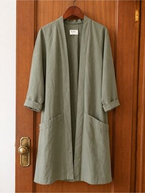 Lightweight Sage Green Open Front Duster Coat with Pockets